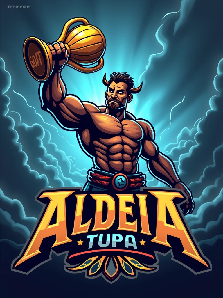 Create a sports logo for FPS games with the name ALDEIA featuring a mascot, the Thunder God Tupã, holding a trophy that says GOAT inside.