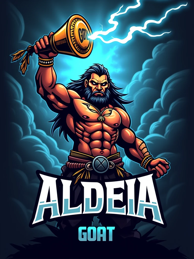 Create a sports logo for FPS games with the name ALDEIA featuring a mascot, the Thunder God Tupã, holding a trophy that says GOAT inside.