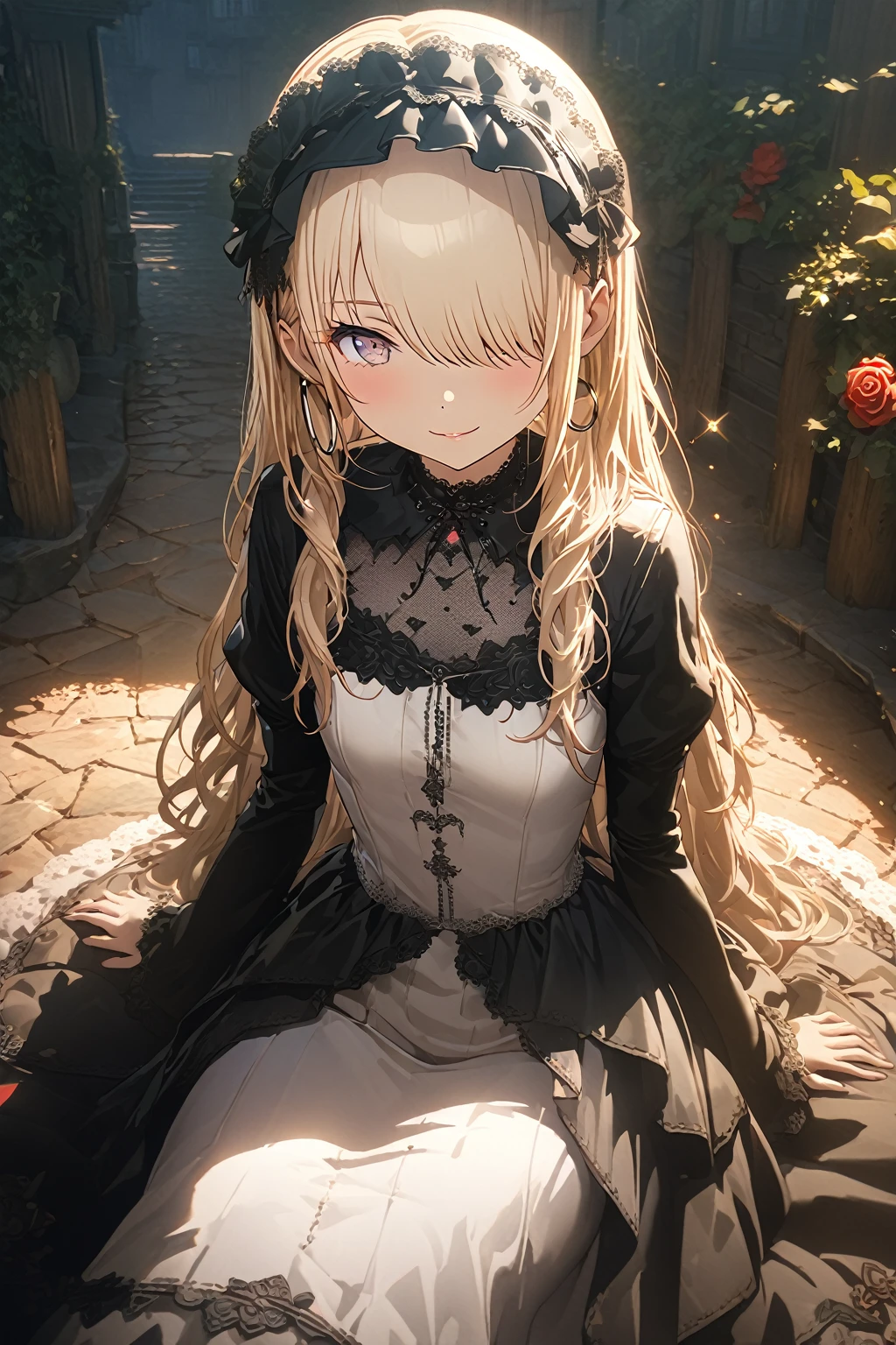 ((Masterpiece)), (Anime:1.3), ((best quality)), (Professional Photography:1.3), (super detail:1.2), (High Definition:1.3), (), 8K, lens flare, wide shot, Textured skin, cinematic lighting, 1girl, ((Beautiful Gothic Lolita pure-white-Dresses)), (very hoop-dress), Luxury roses embroidery, cute innocent young girl, (hair over one eye), Slender and small breasts, (long silky blond hair), (gothic lolita makeup), beautiful blue hair, (smile of ecstasy), (cute sparkle), (Healthy body), ((sitting on the rubbles)), Light particles, (beautiful appearance), (red roses garden), (sharp focus), (perfect light),blue hair,