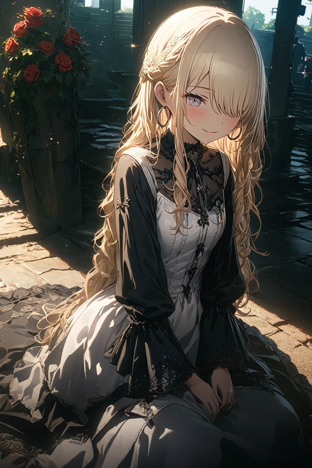 ((Masterpiece)), (Anime:1.3), ((best quality)), (Professional Photography:1.3), (super detail:1.2), (High Definition:1.3), (), 8K, lens flare, wide shot, Textured skin, cinematic lighting, 1girl, ((Beautiful Gothic Lolita pure-white-Dresses)), (very hoop-dress), Luxury roses embroidery, cute innocent young girl, (hair over one eye), Slender and small breasts, (long silky blond hair), (gothic lolita makeup), beautiful blue hair, (smile of ecstasy), (cute sparkle), (Healthy body), ((sitting on the rubbles)), Light particles, (beautiful appearance), (red roses garden), (sharp focus), (perfect light),blue hair,
