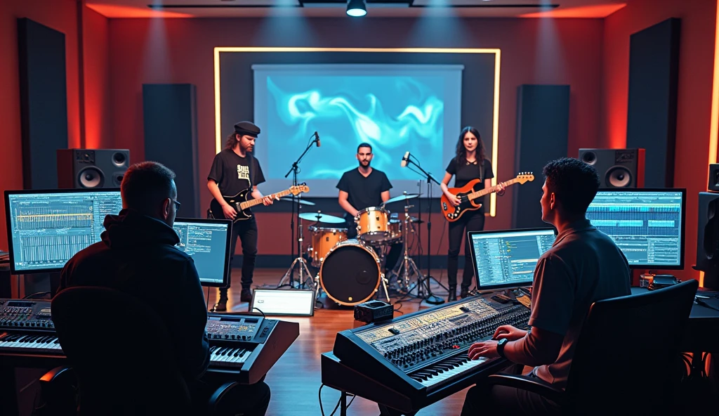 A keyboardist, a drummer, a bassist, and three female singers on choir playing in a control room of a professional recording studio, where you can see the console and monitors.