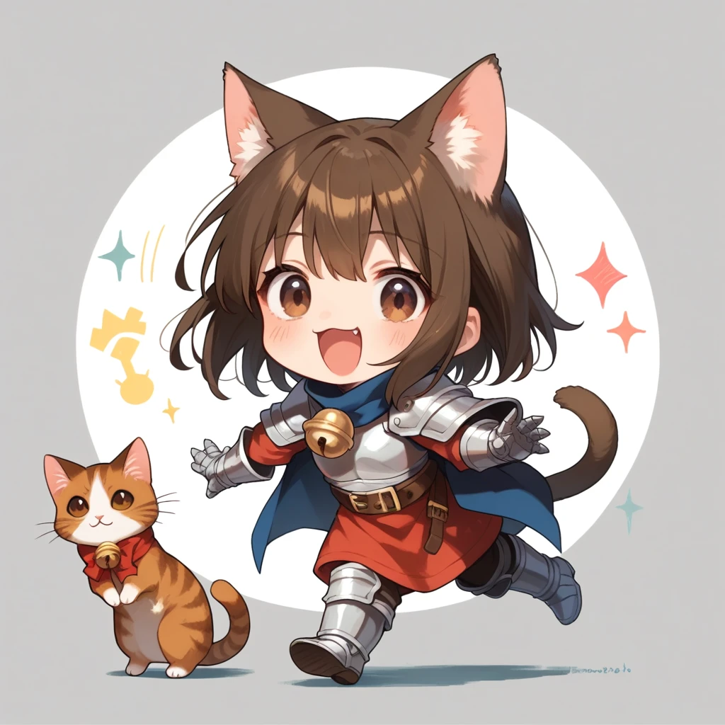 score_9, score_8_up, score_7_up, source_anime,rating_safe,handsomize, short brown hair, cat girl, knight, excited and happy, bell on neck, brown eyes,full body, chibi, white background