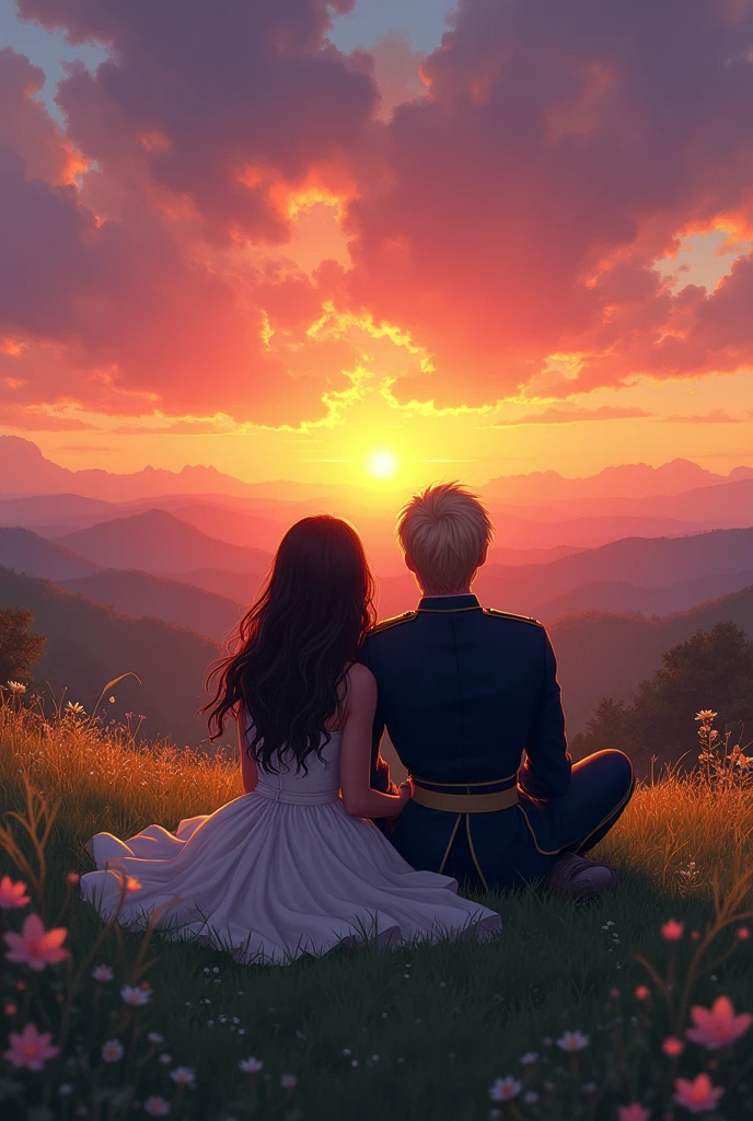 create a book cover image of a couple watching the sunset on top of a hill with a woman with long, dark hair and a strong military man with slightly long, blond hair lying on the grass watching the sunset