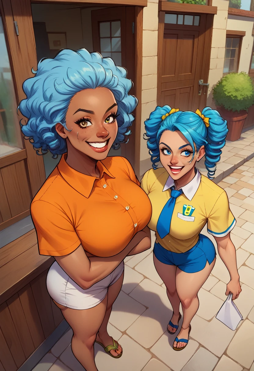  Pamela Melkor Macin. women brazieña, Brazil, tanned skin, king, curly hair, blue hair, cyan hair, light blue hair, curly pigtails, women, soft cheekbones, score_9, score_8_above, score_7,Short pants, short, short polo, waitress, sandals, sexy, friendly, smiling, happy, coquette, Voluminous body, big ass, big breast, pose sexy, tight clothes, revealing clothing
