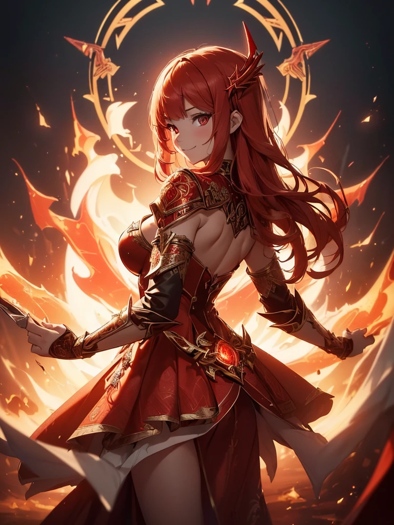 (((best quality, sharp image, clear image, cinematic lighting, 8k resolution, masterpiece, ultra detailed, intricate))) Girl, sorcerer, cute, intricate dress, smiling, fiery red, ((intricate background)), (rune frame), dimension, ((shot from behind)), fire sigils, chaotic background.
