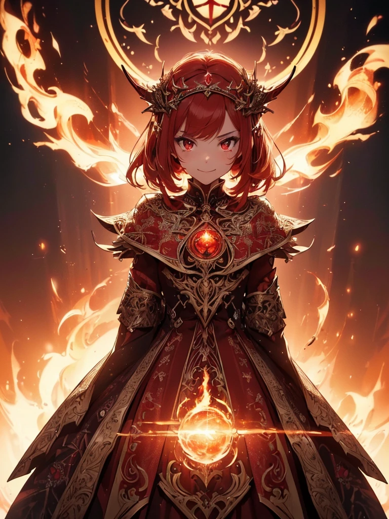 (((best quality, sharp image, clear image, cinematic lighting, 8k resolution, masterpiece, ultra detailed, intricate))) Girl, sorcerer, cute, intricate dress, smiling, fiery red, ((intricate background)), (rune frame), dimension, ((shot from behind)), fire sigils, chaotic background.