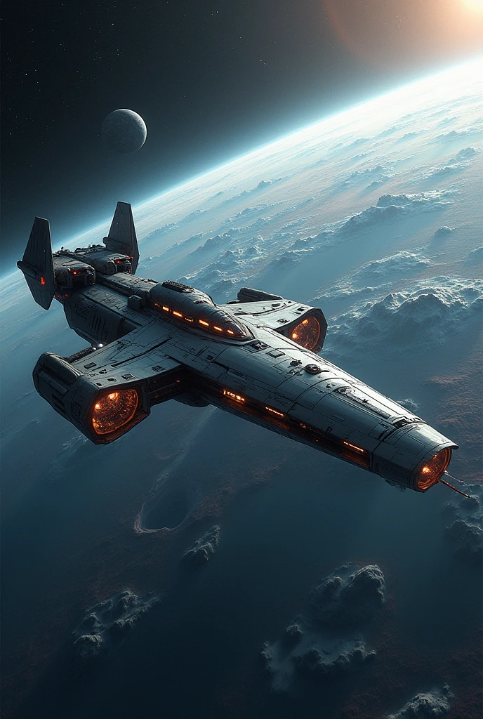 A creation depicting a space station orbiting a planet in the vacuum of space
