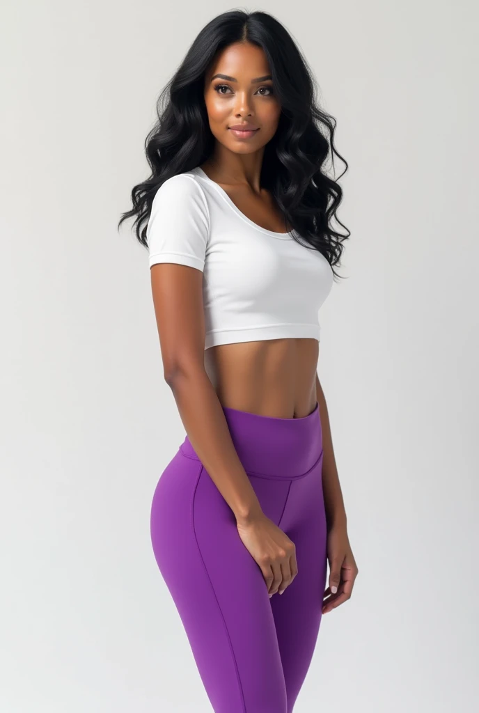 Full body image of a woman who is not fat, with light caramel-colored brown skin and black hair in purple leggings from the waist to the knees and a white T-shirt.