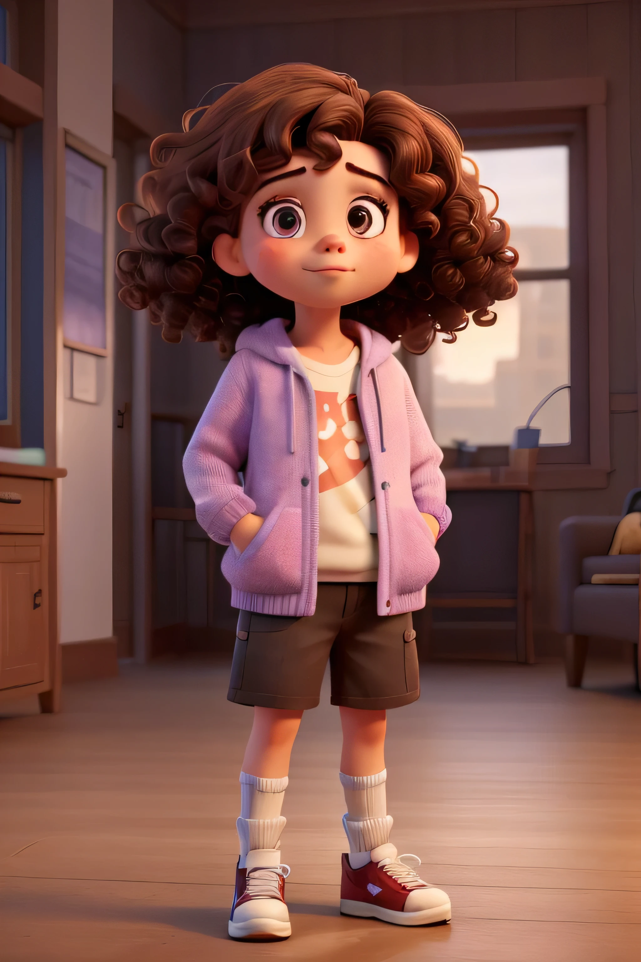 2, brown curly hair, eyes browns, chubby girl, music and movie fan, lilac sweatshirt and kpop fan