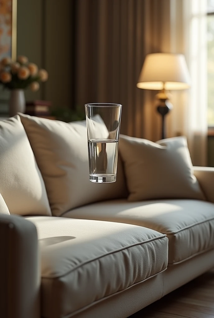 glass of water falling on the sofa without getting wet