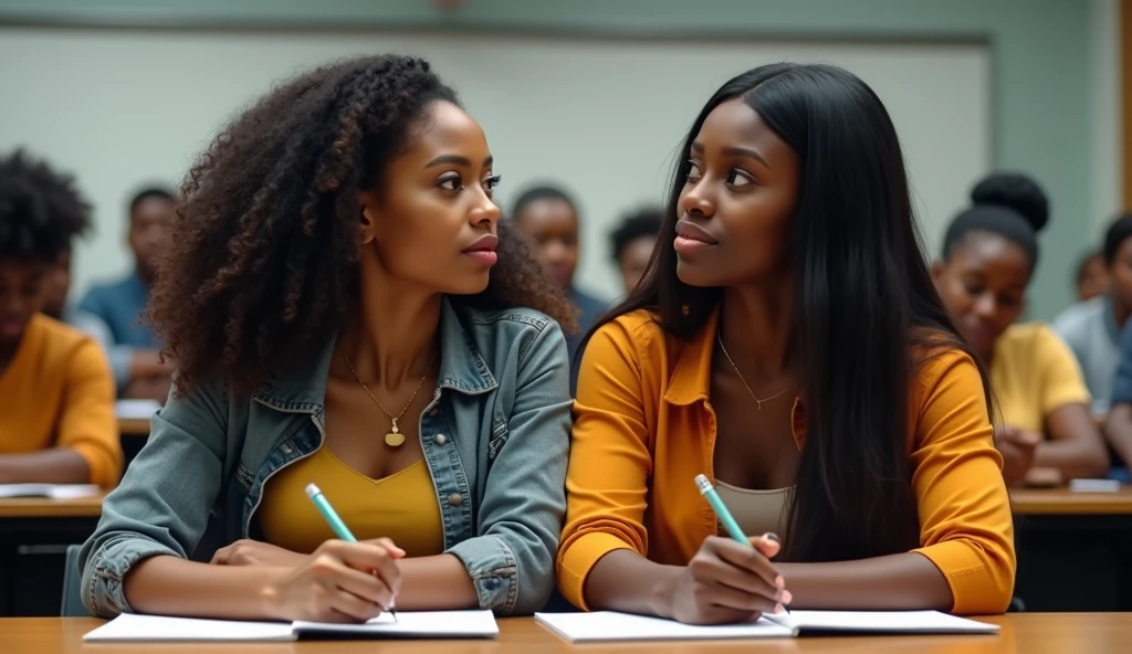 Two 20-year old sexy busty Nigerian female university students, sitting in a lecture room with their writing materials.