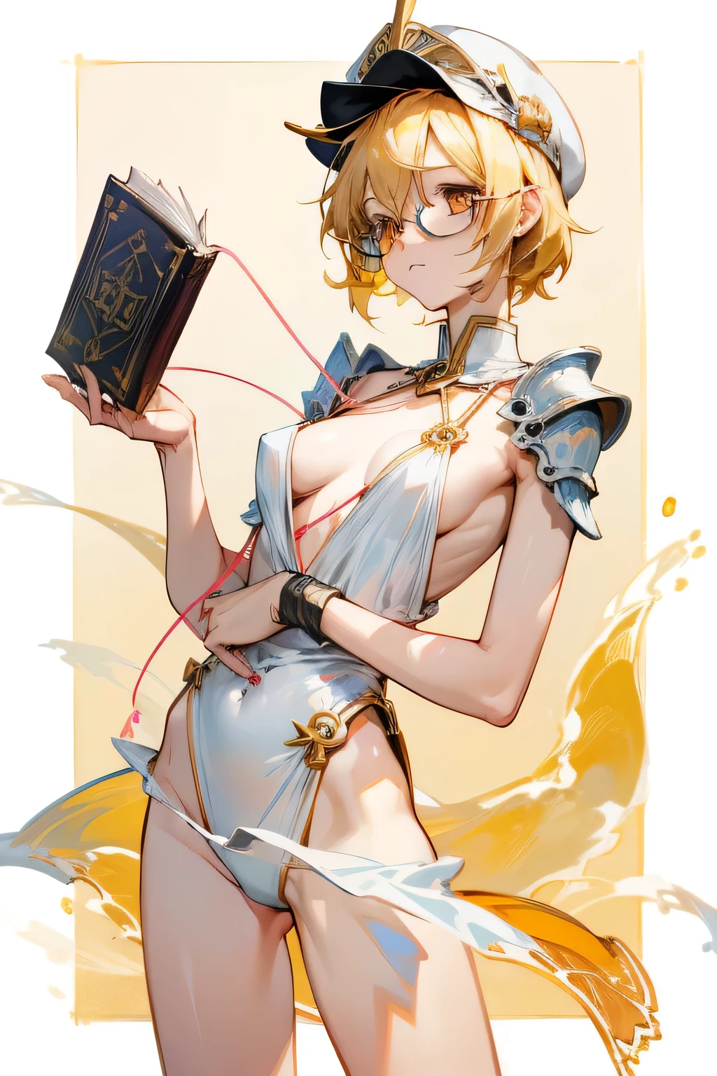 （Marco）,Perfect ,don quixote \(limbus company\, Naked、Blonde hair, a beauty girl、eye glasses、middlebreasts、Short hair, hair between eye, Orange Eyes、String bra、the chest is perfectly visible、pierced nipple、Chain scientist hat from the nipple、Basketball Hand、armor、`She has a book and a sword、(Bachelor's degree in ancient Rome )､Cowboy style、hiqcgbody