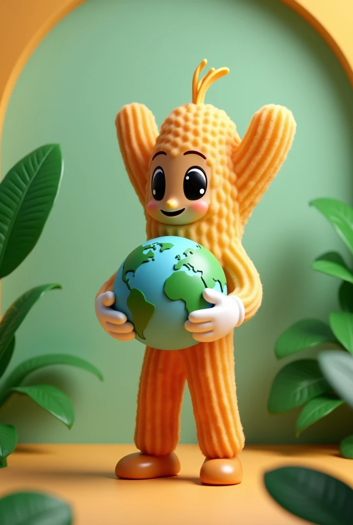 Spanish style churro, realistic and animated and slightly elongated 3d with arms, legs, tender and happy eyes, hands with white gloves and mouth, standing with a small planet earth in his hands, on a green and light green background with a slight orange gradient, with green leaves and 3D realism around the entire frame of the image