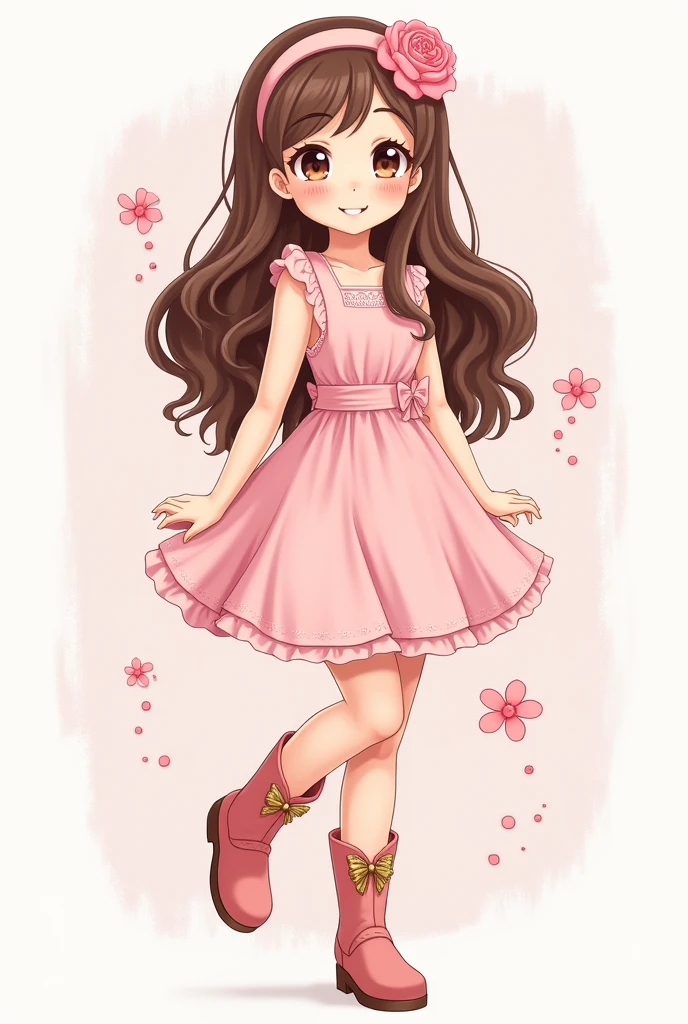 Create an image of a woman with long brown hair, brown eyes, white skin, a pink dress, a headband with a flower, a pink flower with pink details, boots with gold details and a little bit of rose, make it really cute, easy, kawaii and she is happy. 

