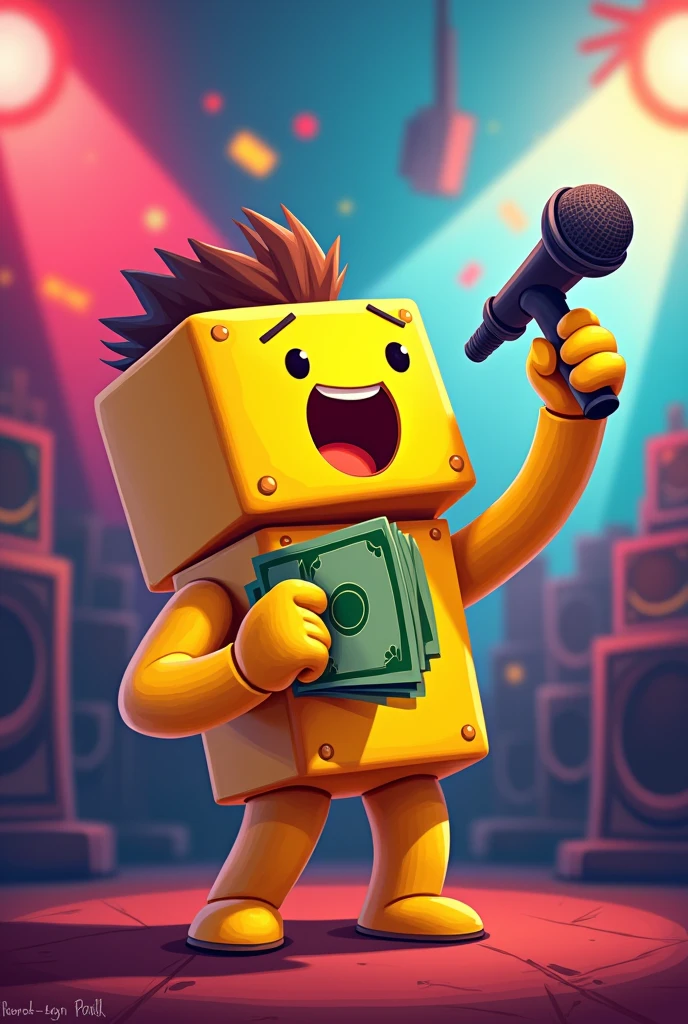 Make a roblox noob yellow with blue, holding a microphone in his right hand while singing and with a wad of money in his left hand, All drawn in cartoon style and very colorful and eye-catching, in a 800x800 pixel format
