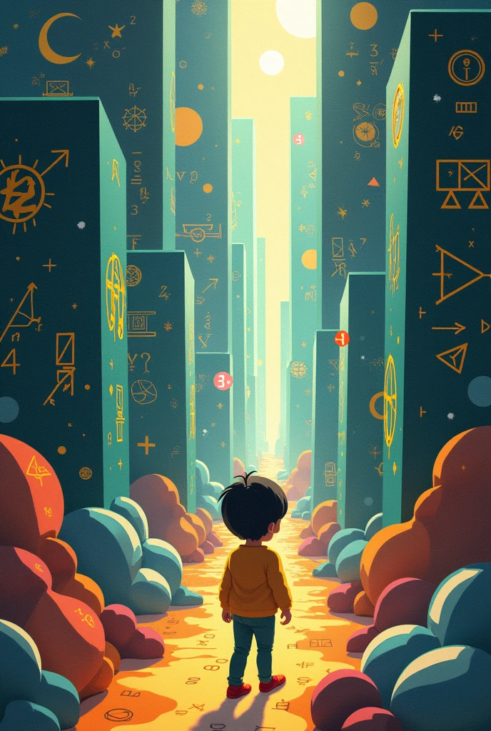  an image, that has the phrase PLIM , that he is a child in a maze with mathematical signs 