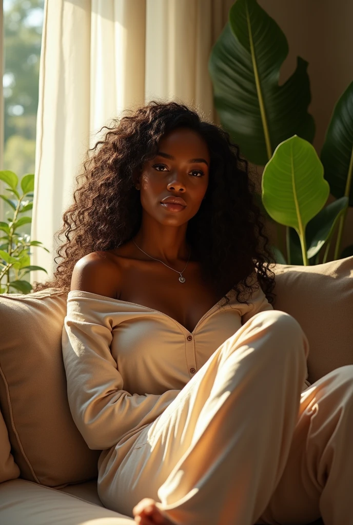 (photorealism:1.2), beautiful black woman, sitting on a couch, wearing loose off-shoulder top, pajama pants, long curly hair, indoors, soft lighting, plants in background, window with sunlight, cozy room, relaxed pose, realistic, intricate details, warm colors, by Greg Rutkowski, by Alphonse Mucha