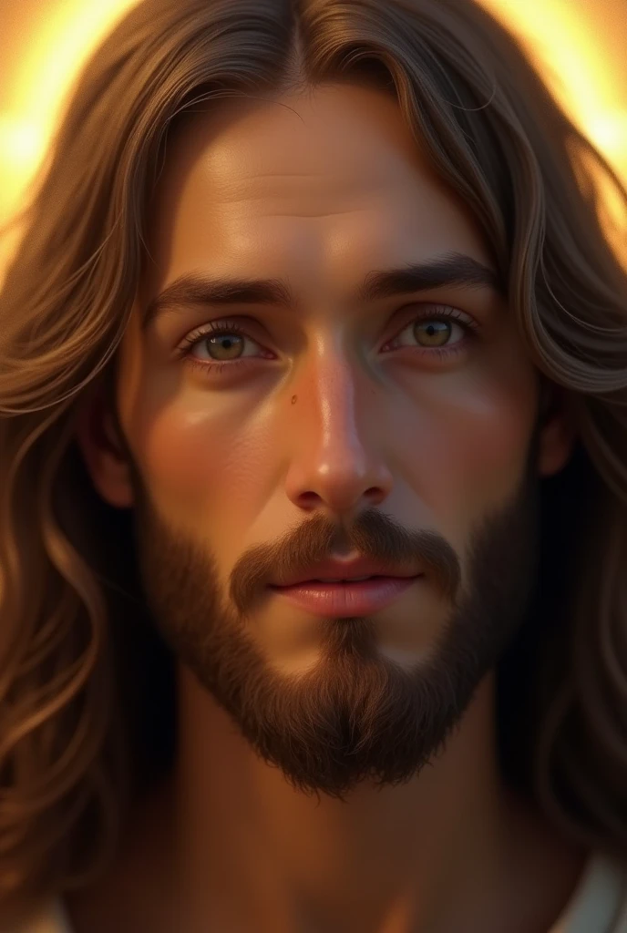 “Close-up of Jesus Christ’s face, capturing his serene and compassionate expression. His eyes are deep and soulful, radiating kindness and wisdom. His long, wavy hair gently frames his face, and a soft halo of light surrounds his head. The background is kept minimal and blurred, ensuring the focus remains entirely on his face, illuminated by a warm, golden light.”