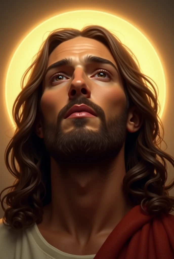 “Close-up of Jesus Christ’s face, capturing his serene and compassionate expression. His eyes are deep and soulful, radiating kindness and wisdom. His long, wavy hair gently frames his face, and a soft halo of light surrounds his head. The background is kept minimal and blurred, ensuring the focus remains entirely on his face, illuminated by a warm, golden light.”