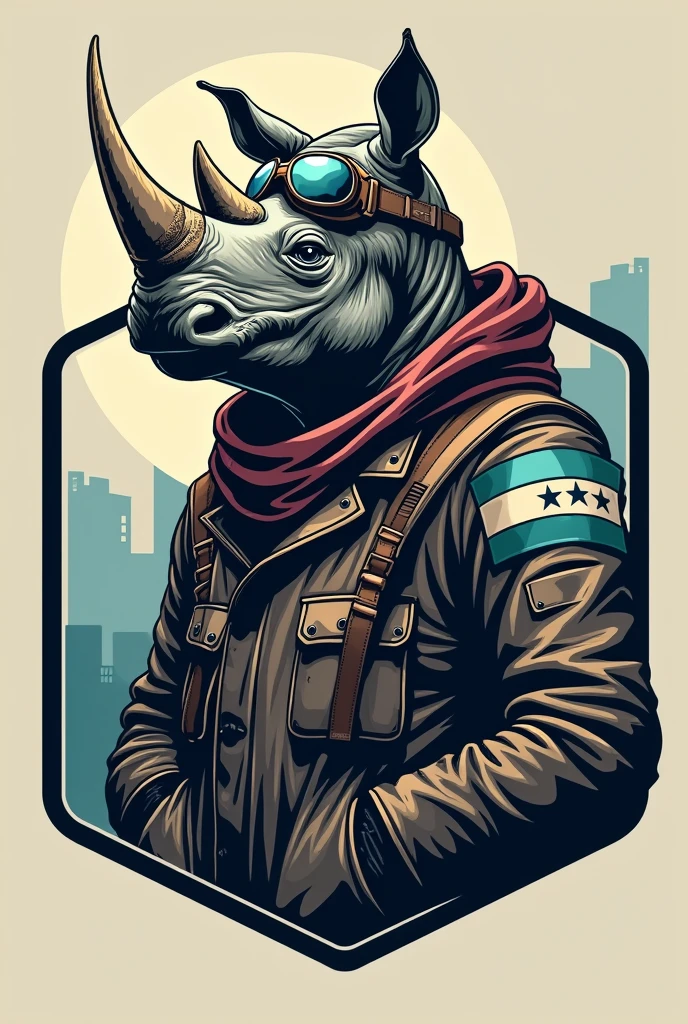 Create a military emblem of a rhinoceros dressed as an aviator and its name is rhino -01 that on the shoulders has a patch with a 3-stripe flag, The top and bottom stripe is turquoise blue and the middle stripe is white with 5 blue stars in the center.