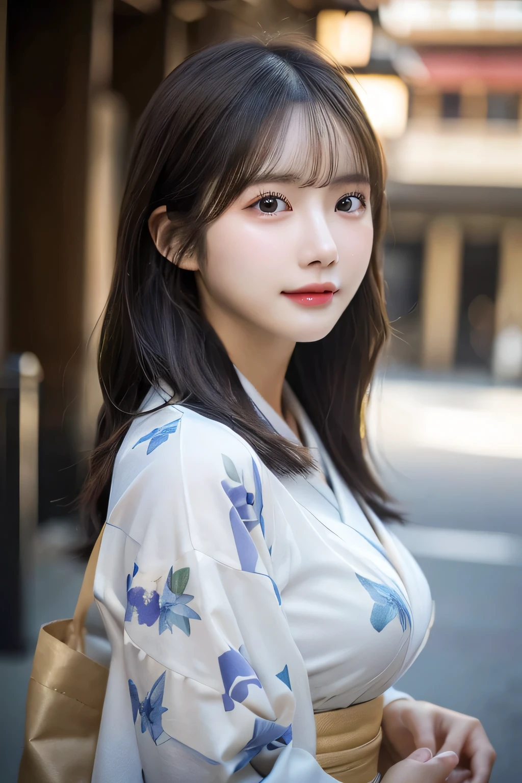 （kimono）、(top-quality,​masterpiece:1.3,超A high resolution,),(ultra-detailliert,Caustics),(Photorealsitic:1.4,RAW shooting,)Ultra-realistic capture,A highly detailed,High resolution 16K human skin close-up。 Skin texture is natural、,The pores are、Must be detailed enough to be easy to identify。 Skin should look healthy with even tones。 Use natural light and color,1人,japanes,23years old,kawaii,A dark-haired,Middle hair,,smil,Turn your body to the front,(front-facing view:1.2),,(、tear bags、solid bangs、best qualtiy、超A high resolution、depth of fields、chromatic abberation、、Wide range of lighting、Natural Shading、), (Large Breasts:1.2),