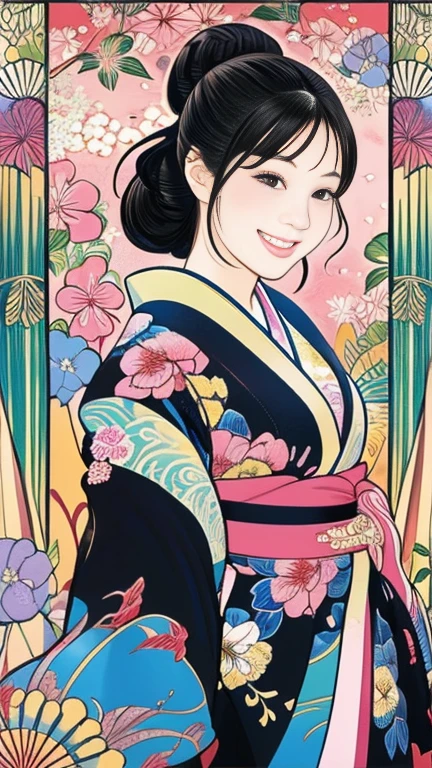 (SeaArt creates stunning illustrations of beautiful women in kimono)、Vividly colored Japanese Ukiyo-e style illustrations、A beautiful woman smiles and shows her upper white teeth、Brown-black long hair、Beautiful full body style、If you want to dance, let&#39;s dance, Tokyo Ondo, Yoi Yoi、Beautiful new digital paintings,、Bright vibrant digital anime art、 Beautiful anime portraits、background,Japanese shrine torii gate front、 Detailed digital anime art、