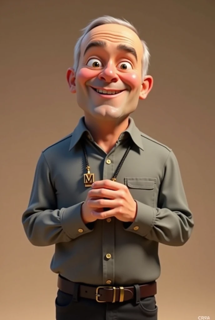 Make a man, Pixar-style. white male. 40 year old, bass guitar. with almost bald hair. , with a cross-shaped cord with an M in the middle. gray dress shirt. black pants. hands on top of each other.