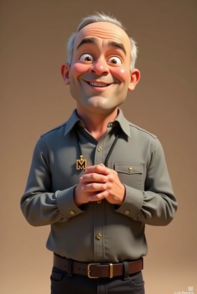 Make a man, Pixar-style. white male. 40 year old, bass guitar. with almost bald hair. , with a cross-shaped cord with an M in the middle. gray dress shirt. black pants. hands on top of each other.