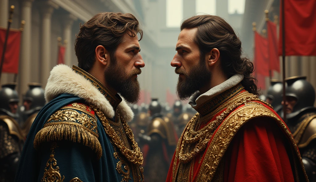 Contrasting images of Edward III of England and Philip VI of France facing each other, set against a backdrop symbolizing the dynastic tension and rivalry between them. The background features elements of medieval European power, such as banners, shields, and a shadowy battlefield, all rendered in the style of Edmund Blair Leighton. The two monarchs are depicted in regal attire, with expressions of determination and conflict, capturing the essence of their rivalry through Leighton's detailed and emotive style., Surrealism, Hyperrealism, UHD, retina, masterpiece, accurate, anatomically correct, textured skin, super detail, high quality, award winning, 16k