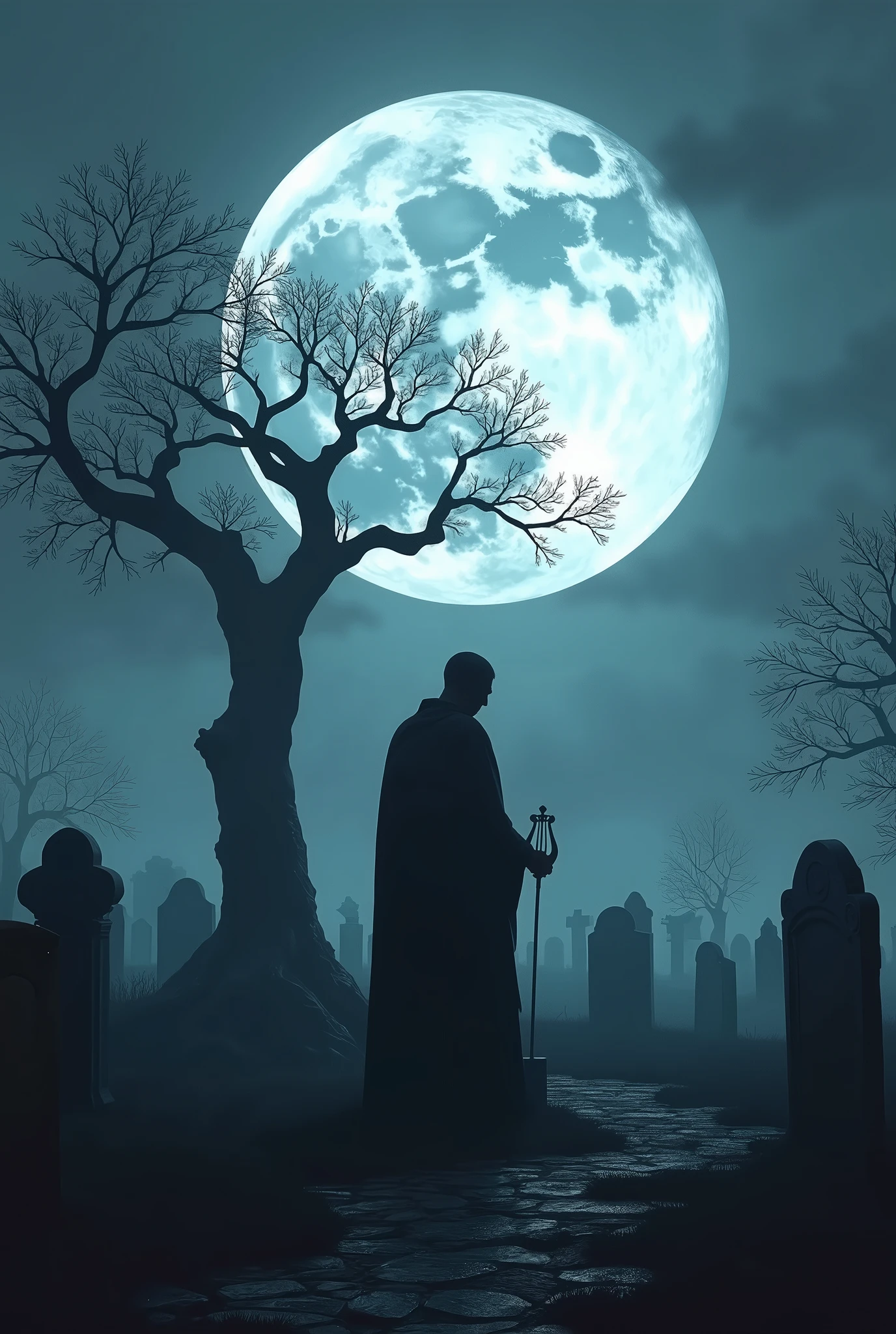 A poignant scene of the legendary Georgian poet Galaktion Tabidze, known as the "Grave Man," standing solemnly before his own tombstone. His figure is cast in stark silhouette by the soft, ethereal glow of a full moon that looms large and low in the night sky, its luminescence painting the landscape in a monochromatic palette of blues and whites. The moon's silver light bathes the cemetery in an almost otherworldly ambiance, as if the veil between life and death has grown thin. Galaktion's face is a picture of profound sadness, his eyes downcast, lost in introspection or perhaps mourning the loss of his own vitality. The tombstone is simple yet elegant, adorned with an intricate carving of a lyre, symbolizing his deep connection to poetry. The surrounding gravestones lean slightly, as if whispering the secrets of the ages to the earth beneath them. The atmosphere is one of quiet contemplation, with the long shadows stretching out like fingers of melancholy reaching for the living. A solitary tree, its branches contorted into a web of gothic arches, stands sentinel in the background, a silent witness to the passage of time. The stark contrast between the starkness of the scene and the poignant beauty of the moonlit cemetery evokes a sense of timelessness, as if the very essence of Galaktion's sorrow has been etched into the fabric of the night itself.