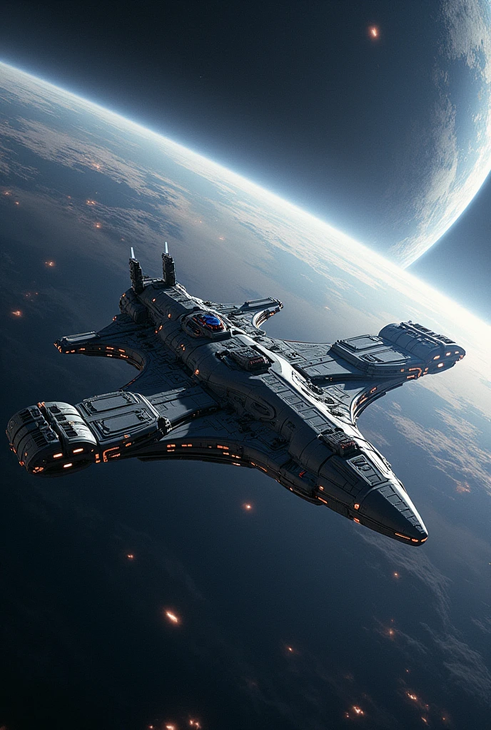 A creation depicting a space station orbiting a planet in the vacuum of space