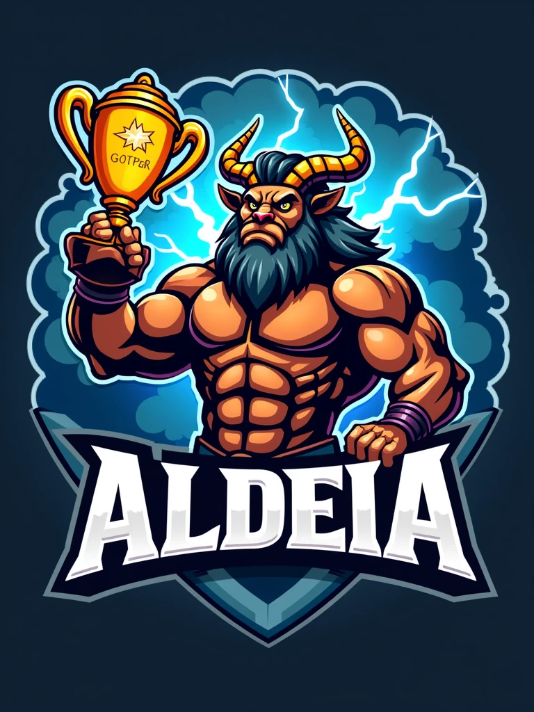 create a sports logo with the name ALDEIA with a mascot tupa god of thunder holding a trophy with goat written inside -imagine