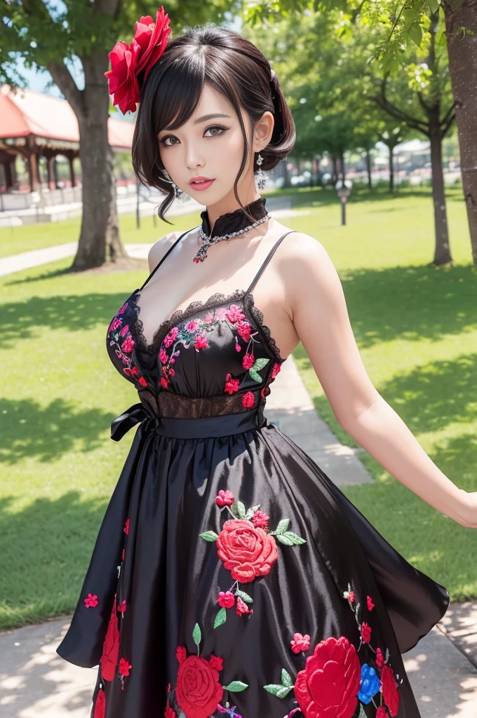 (masterpiece:1.4), (best quality:1.4), ultra high res, ultra high resolution, ((detailed facial features)), HDR, (realistic, photorealistic, photo-realistic:1.37), full body Esbian, sexy Japanese model, (-anime), only 1 model, vivid colors, ((vivid colors multicolor very short hair)), (big smile), lip-gloss, long lashes, defined eyebrows, wearing large sparkling colorful jewelery, wearing a red silk Paradise Kiss cosplay dress with black floral embroidery, ((vivid colors outfit)), vivid colors, look at the camera, cinematic light, large park background with trees, sweet and sexy pose