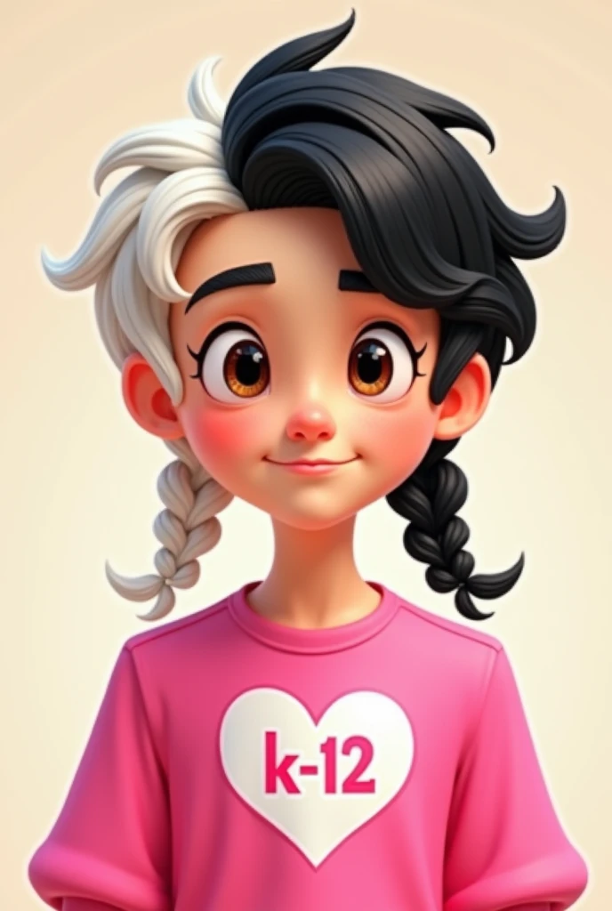 Gender:male Skin:Clear Eyes:brown Style:cartoon Hair:hair parted in the middle with one side black and one side white, in addition a braid on each side with the respective color of the hair side Body:high Clothes:a hot pink shirt with light pink sleeves and a white heart in the middle of the shirt with the writing "K- 12"
