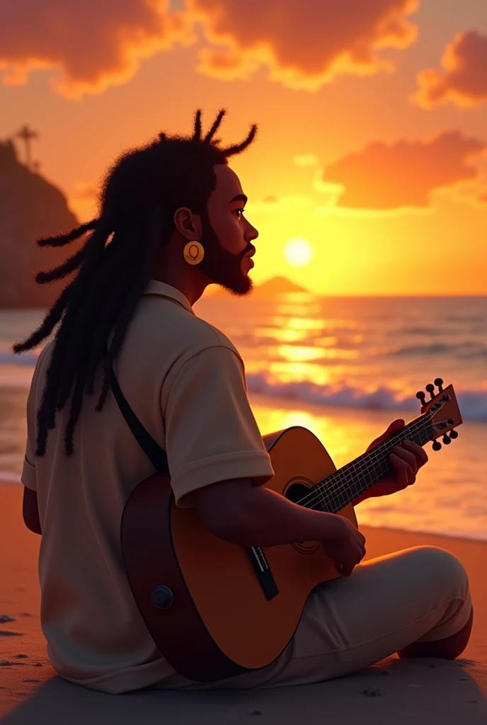 black man with dreadlocks wearing gold holding a guitar sitting looking at a sunset view on a beach showing the landscape and his entire body, image style animation