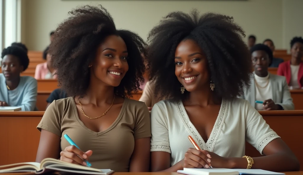 Two 20-year old sexy busty Nigerian female university students, sitting in a lecture room with their writing materials.