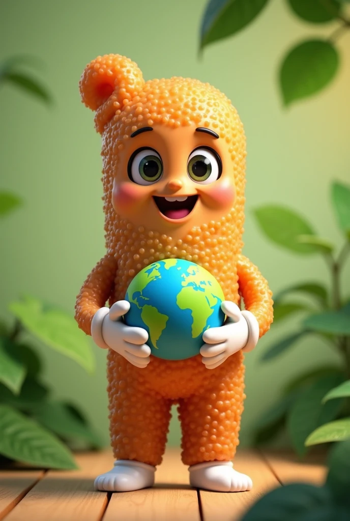 Realistic and animated churro with arms, legs, tender and happy eyes, hands with white gloves and mouth, standing with a small planet earth in his hands, on a green and light green background with a slight orange gradient, with green and realistic leaves around 