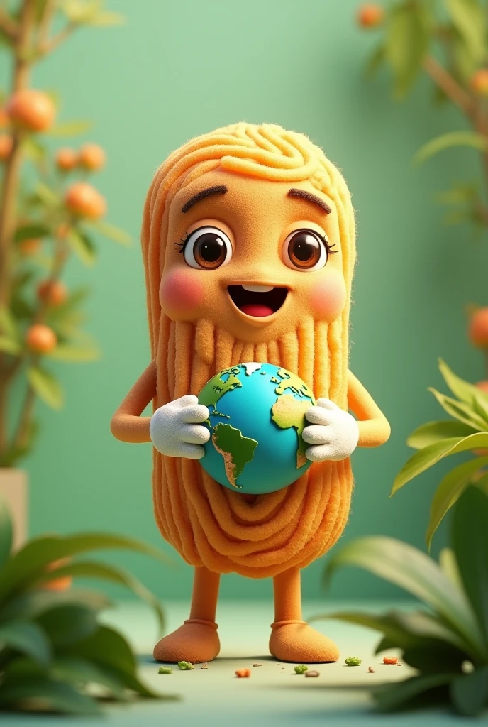 Realistic and animated churro with arms, legs, tender and happy eyes, hands with white gloves and mouth, standing with a small planet earth in his hands, on a green and light green background with a slight orange gradient, with green and realistic leaves around 