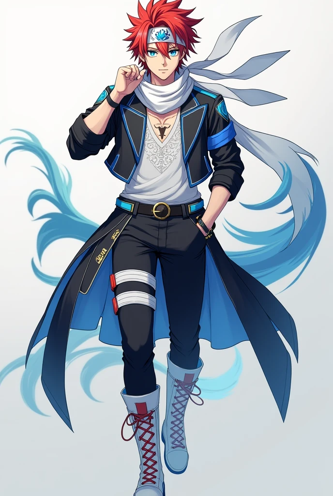 apenas 1 homem, very handsome man, red hair with hairstyle similar to the character Sasuke, but wearing a white bandana, with the symbol of a blue phoenix, very blue eyes, like heaven, very clear, Asian, wears a short black jacket with cyan blue details, white blouse with details , with a long white scarf tied around her neck, that crawls to the ground, black pants and white military boots, with red details.