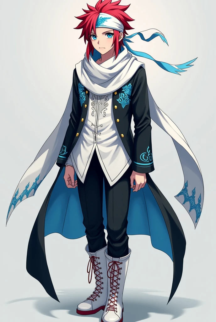apenas 1 homem, very handsome man, red hair with hairstyle similar to the character Sasuke, but wearing a white bandana, with the symbol of a blue phoenix, very blue eyes, like heaven, very clear, Asian, wears a short black jacket with cyan blue details, white blouse with details , with a long white scarf tied around her neck, that crawls to the ground, black pants and white military boots, with red details.