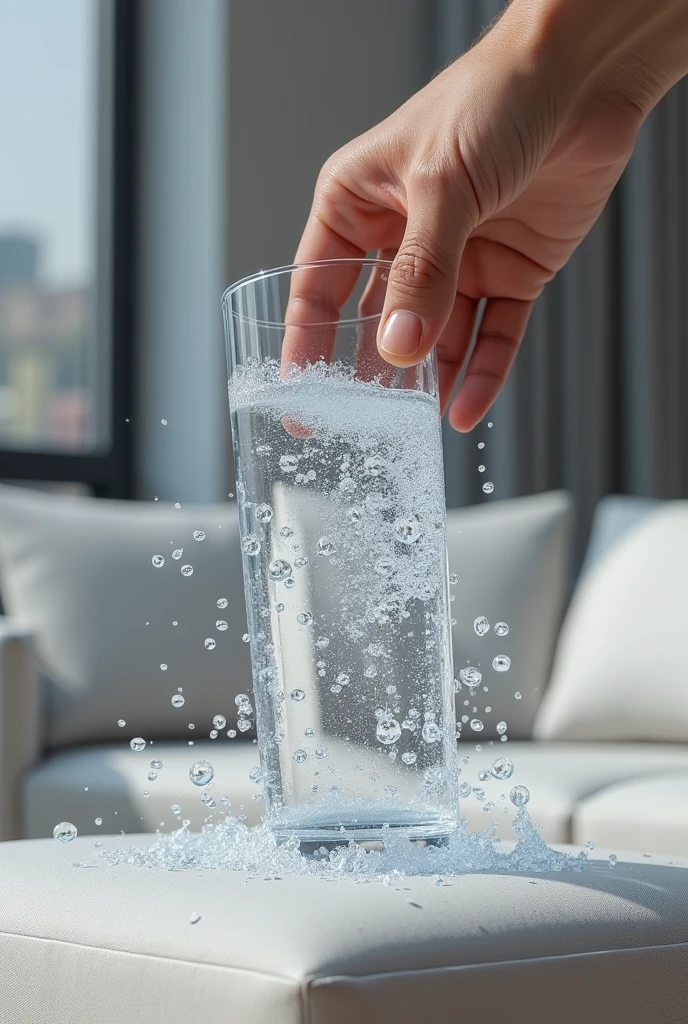 glass of water spilling water on waterproof sofa