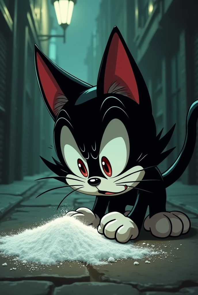 scared felix cat, sniffing cocaine