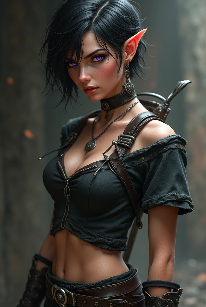 Create an image of a girl with elf ears, short-hair, clear and rebellious, skin tanned, purple eyes, her outfit is rogue RPG style
