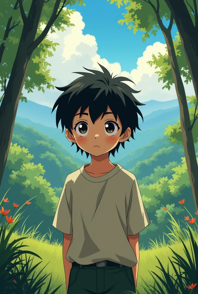 Create the image of an average black haired boy in the style of Studio Ghibli anime , make him a little older