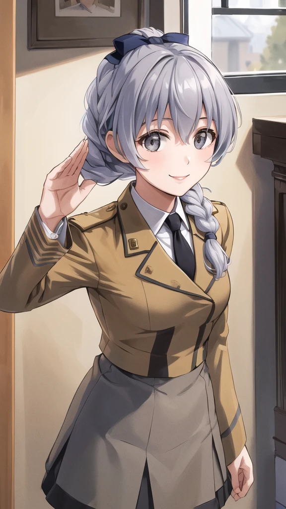 masterpiece, best quality, highres, 1girl, solo, military uniform, braided ponytail, single braid, grey eyes, grey hair, black necktie, blue bow, brown skirt, salute, smile, indoors, cowboy shot