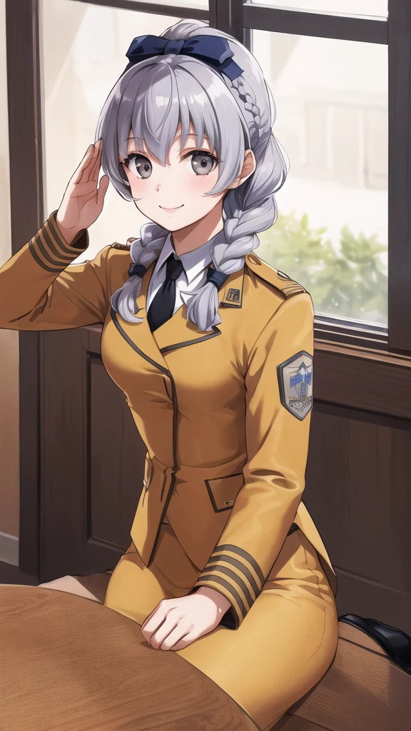 masterpiece, best quality, highres, 1girl, solo, military uniform, braided ponytail, single braid, grey eyes, grey hair, black necktie, blue bow, brown skirt, salute, smile, indoors, cowboy shot