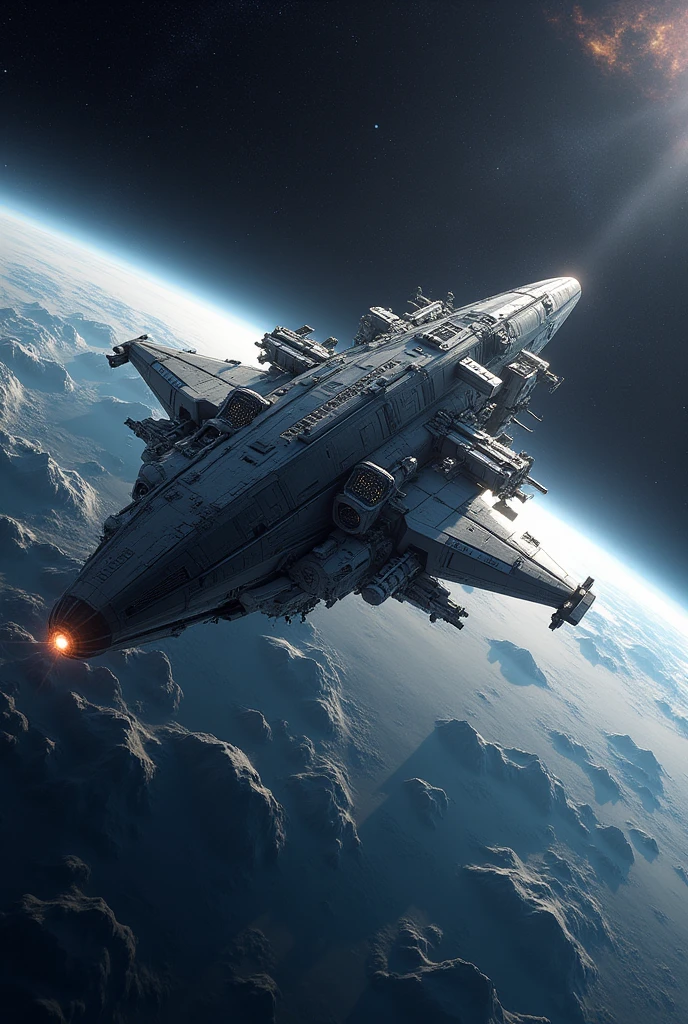 A creation depicting a space station orbiting a planet in the vacuum of space
