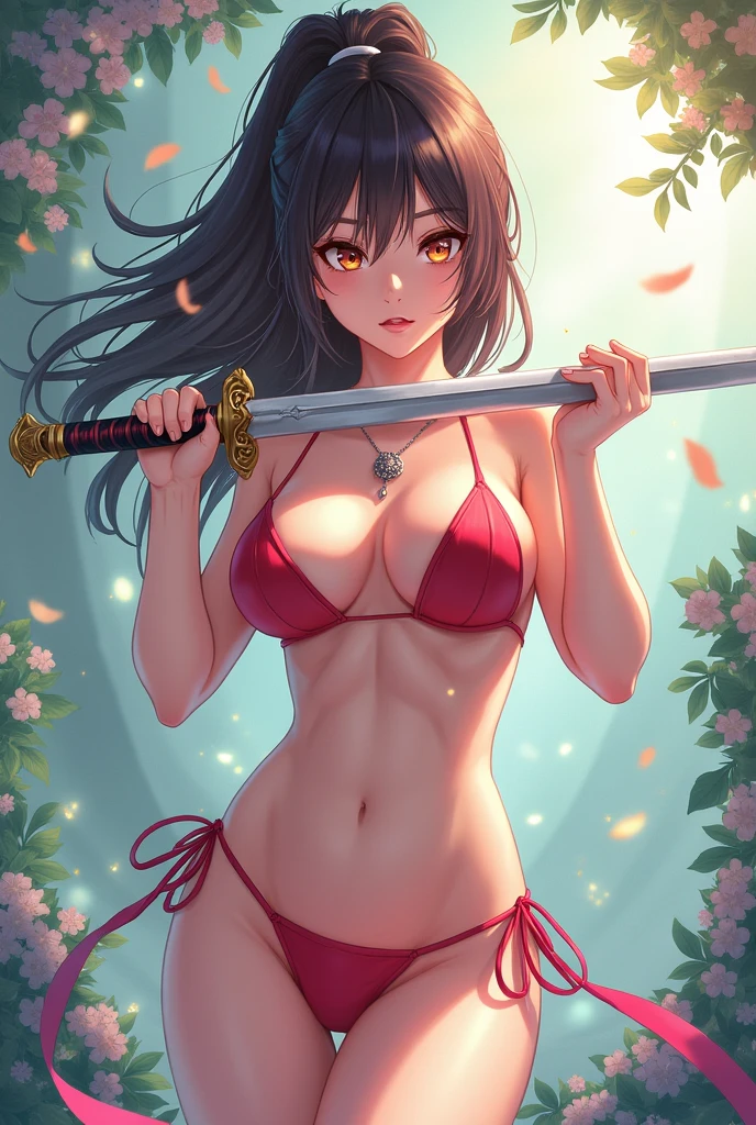 Create an anime character with a bikini and a sword between her breasts 