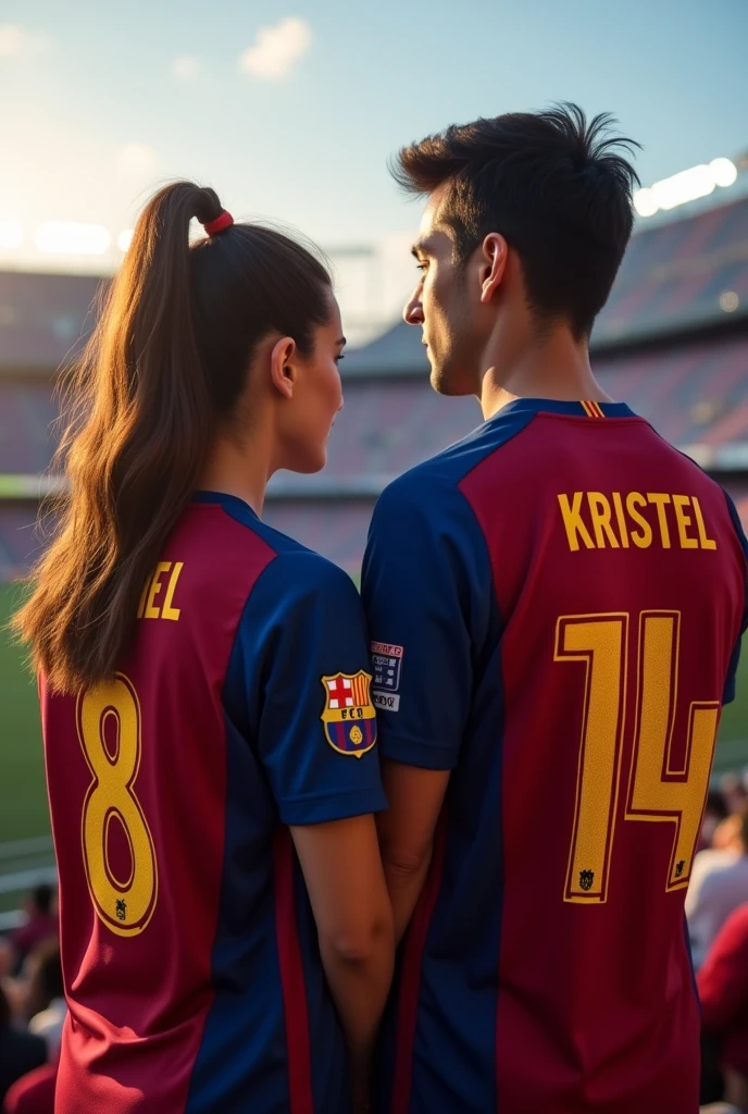 Woman and man from behind looking forward wearing the Barcelona shirt with the numbers 8 and 14 with the names Kristel and Abdiel with the girl&#39;s hair tied to one side and jeans in a football stadium and the man without a beard 