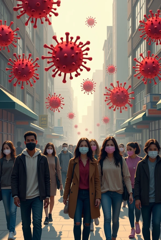 People walking down the street wearing masks and above the image detailed symbols of the coronavirus in a reddish color, People who walk normally. People of all races